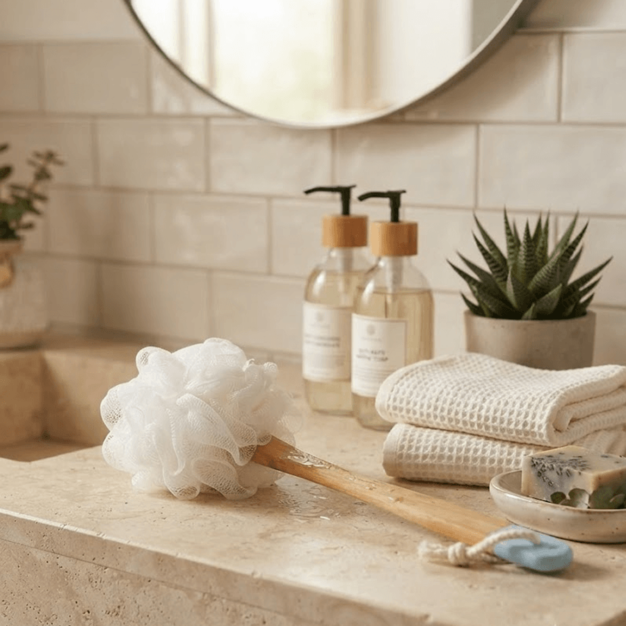 Flor de baño con soporte de madera - ttaiomayoreo